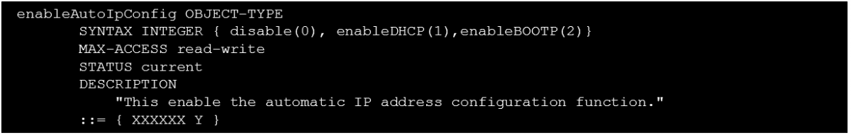 Example of OIDs allowing to enable DHCP, BOOTP or to deactivate corresponding to a private MIB