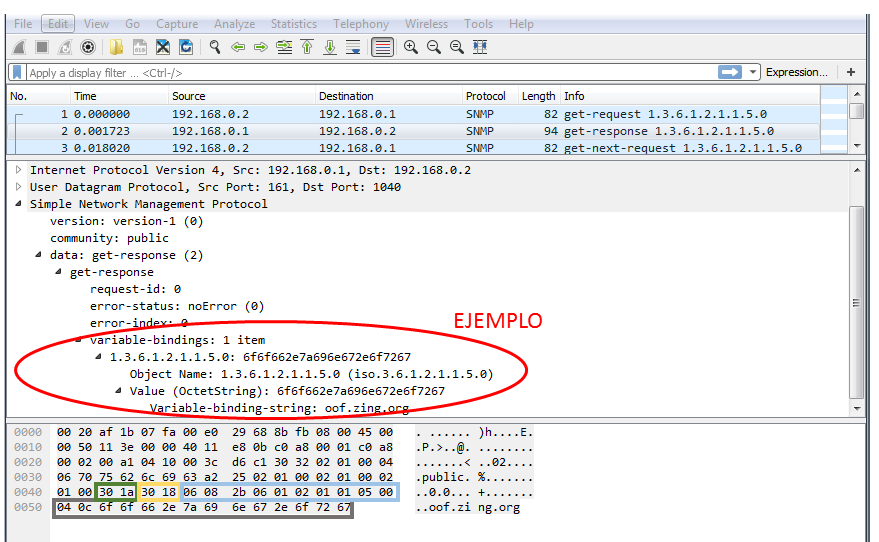 Captura de tráfico de petición get-response SNMP en wireshark