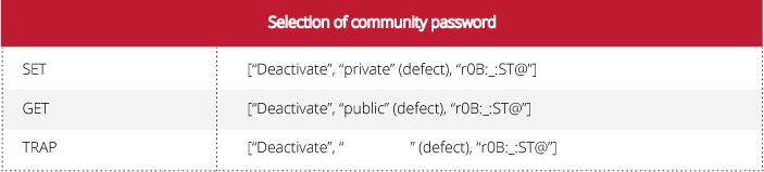 Configuration field regarding the selection of community password for SNMP