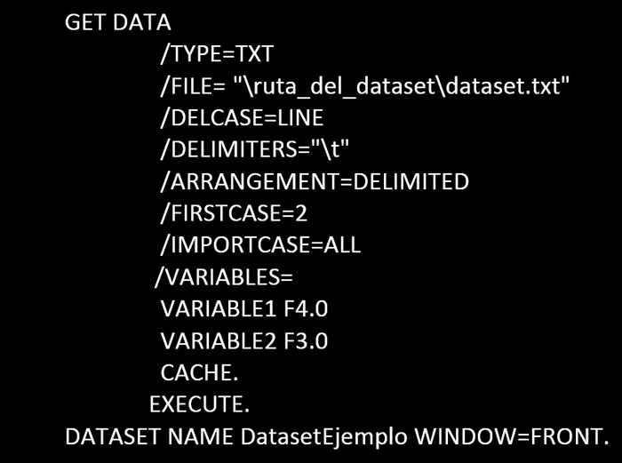 SPSS: comando que carga los datos desde un archivo de texto, con dos variables, separados los datos por tabulaciones