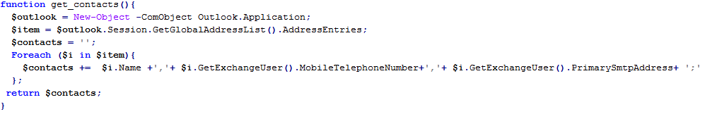 Example of function to obtain a complete list of Outlook contacts through PowerShell