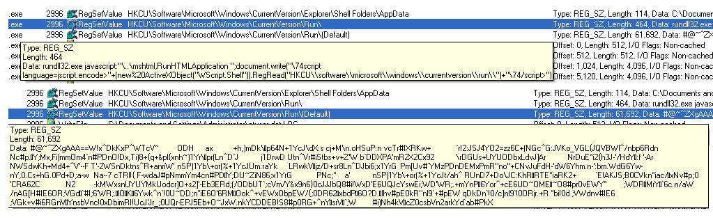 Example of how the GAV: Poweliks.CCL malware bug uses rundll32.exe to maintain persistence