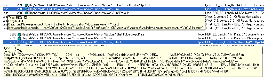 Ejemplo de cómo el malware GAV: Poweliks.CCL utiliza rundll32.exe para mantener persistencia