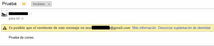 Alerta mostrada en un correo con SPF