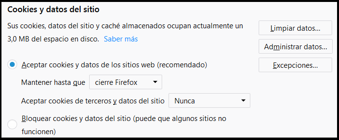 Configuración cookies Firefox