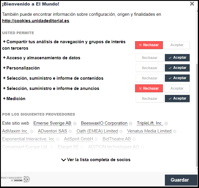 Configuración de cookies en página web