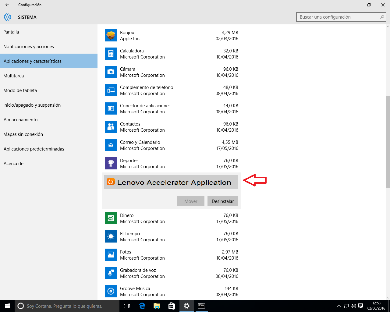 Windows: Configuración: Sistema: Aplicaciones y características: Selección de la aplicación Lenovo Accelerator: Pulsar en desinstalar