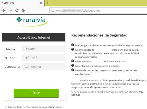 Pantalla de inicio de sesión suploantando a la legítima de Ruralvía