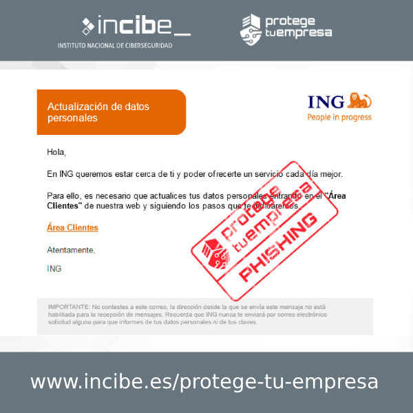 Muestra de correo electrónico fraudulento suplantando a ING