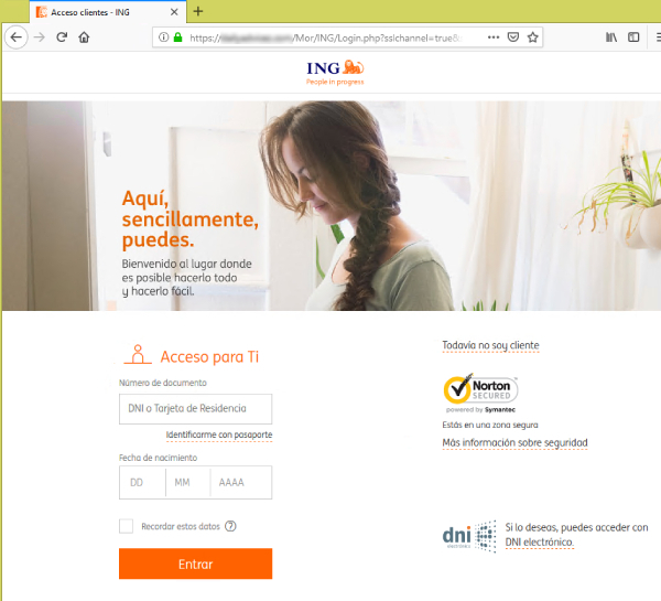 Página web que suplanta a la de ING con un formulario de solicitud de documento de identificación y fecha de nacimiento