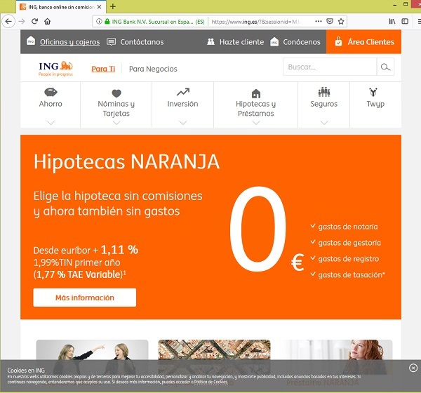 Página web legítima del banco ING.