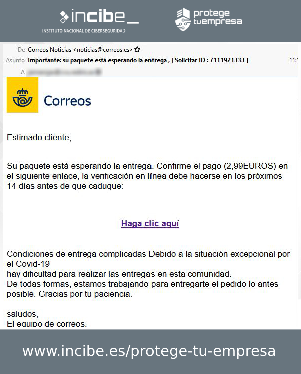 Segundo correo electrónico suplantando a Correos