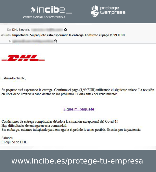 Correo electrónico fraudulento de tipo phishing a DHL