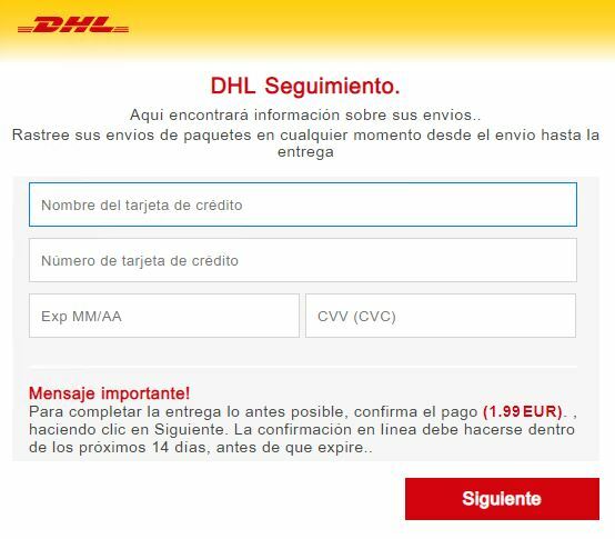 Página web fraudulenta que suplanta a DHL y solicita datos bancarios