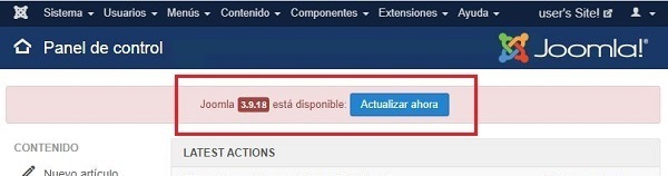 Imagen que muestra la actualización disponible de Joomla! que en este caso es la 3.9.18