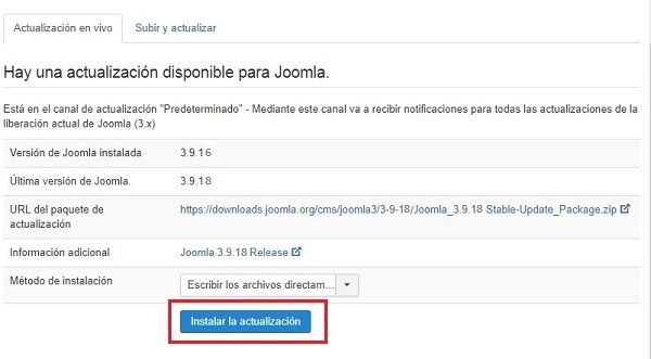 Imagen que muestra información sobre la versión actual de Joomla! y la nueva disponible del gestor de contenidos.