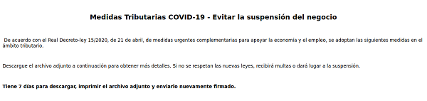 Correo electrónico fraudulento suplantando a la Agencia Tributaria