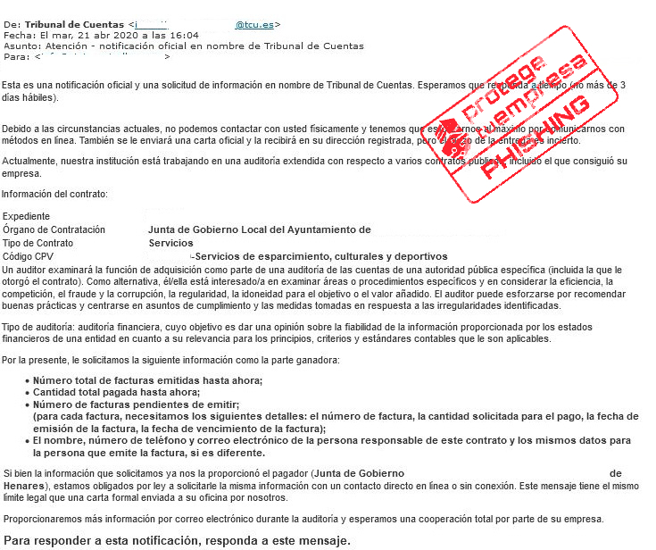 Correo electrónico fraudulento suplantando al Tribunal de Cuentas