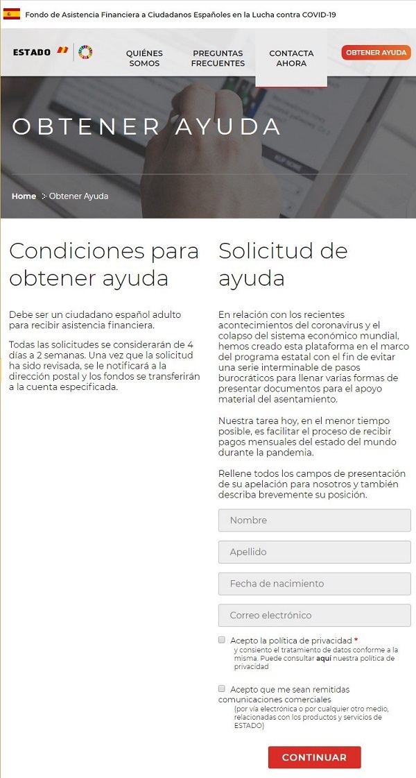 Página web fraudulenta solicitando datos personales