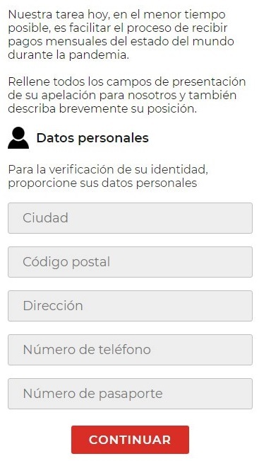 Página web fraudulenta solicitando datos personalesa