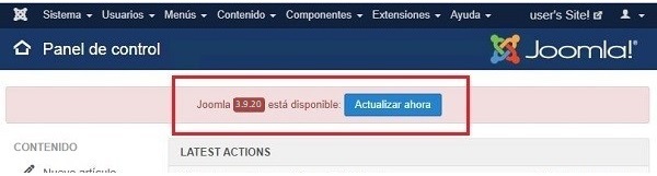 Imagen que muestra la actualización disponible de Joomla! que en este caso es la 3.9.19