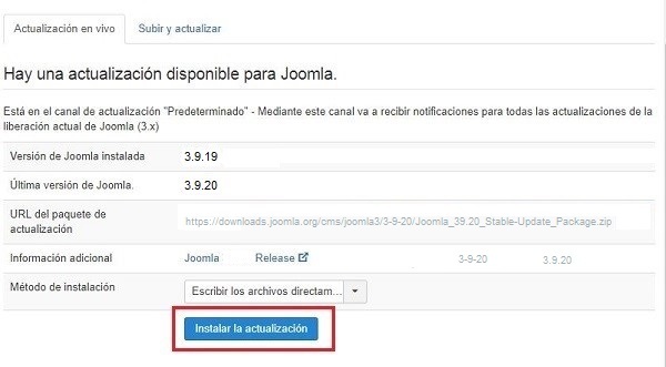 Imagen que muestra información sobre la versión actual de Joomla! y la nueva disponible del gestor de contenidos.