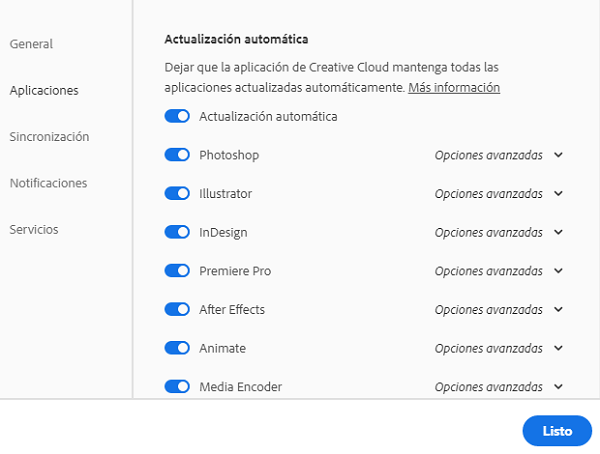 Preferencias, general, actualización automática