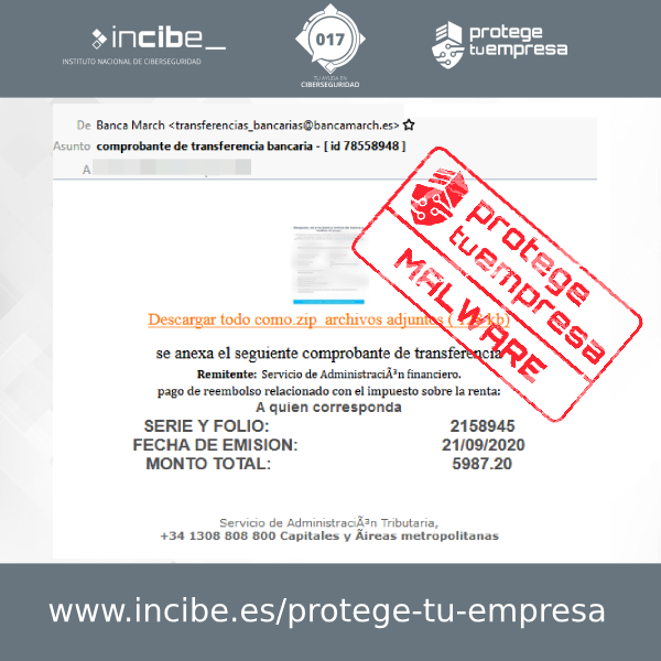 Aviso de seguridad 25/09/2020 - Correo malware Banca March