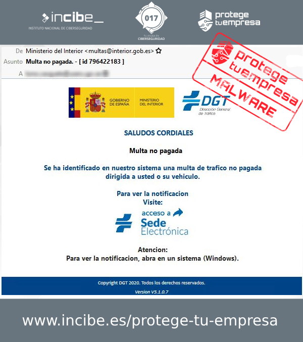 Correo malicioso suplantando a la DGT cuyo objetivo es distribuir malware