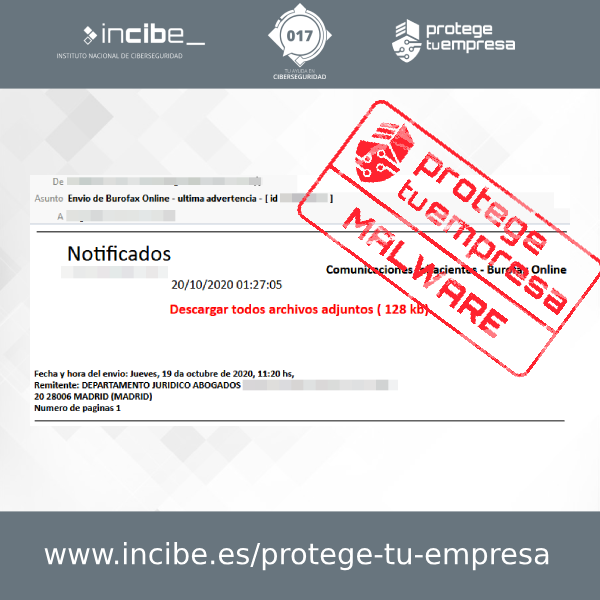 Correo malicioso simulando un falso burofax asunto Envio de Burofax Online Ultima Advertencia- 20/10/2020