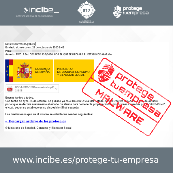 Correo malicioso suplantando al Ministerio de Sanidad