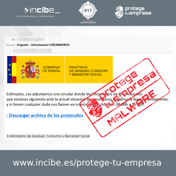 Aviso 26/10/2020 - Correo electrónico malware Ministerio de Sanidad