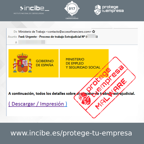 Aviso 27/10/2020 - Correo electrónico malware Ministerio Trabajo