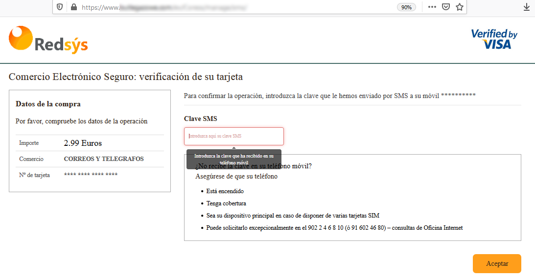 Aviso de seguridad 14/09/2020 - Introducir código SMS correos