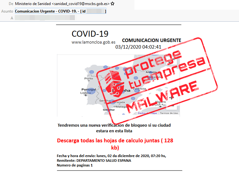 Correo malicioso suplantando al Ministerio de Sanidad con intención de distribuir malware