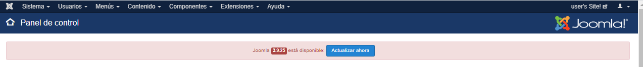 Imagen que muestra la actualización disponible de Joomla! que en este caso es la 3.9.25