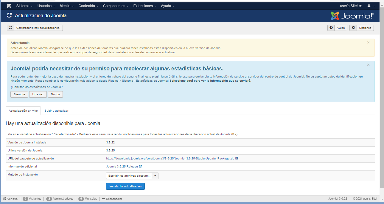 Imagen que muestra información sobre la versión actual de Joomla! y la nueva disponible del gestor de contenidos.