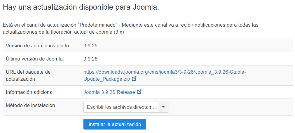 Imagen que muestra información sobre la versión actual de Joomla! y la nueva disponible del gestor de contenidos.