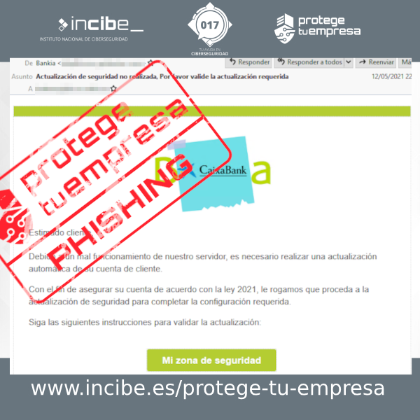 Correo fraudulento de phishing suplantando a Bankia