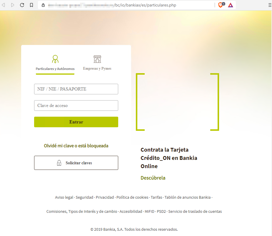 Página web fraudulenta suplantando a Bankia