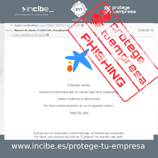 Correo fraudulento de phishing suplantando a Caixabank