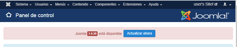 Imagen que muestra la actualización disponible de Joomla! que en este caso es la 3.9.25