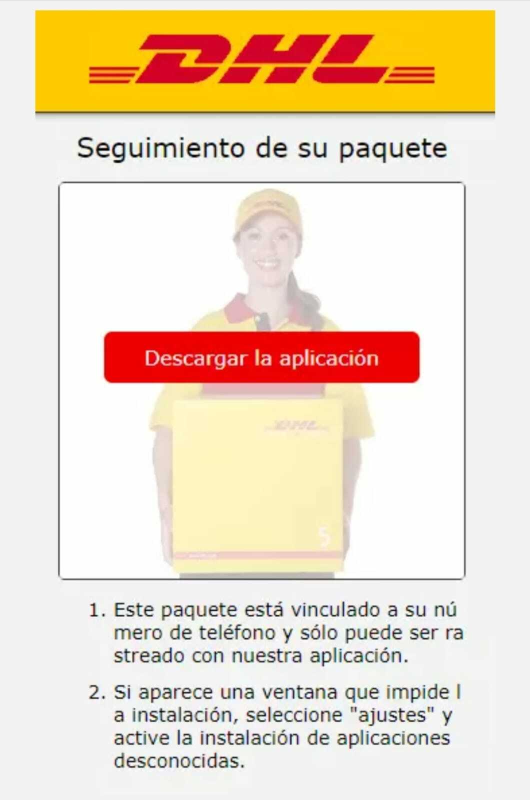 Imagen suplantando a DHL para descargar la app maliciosa