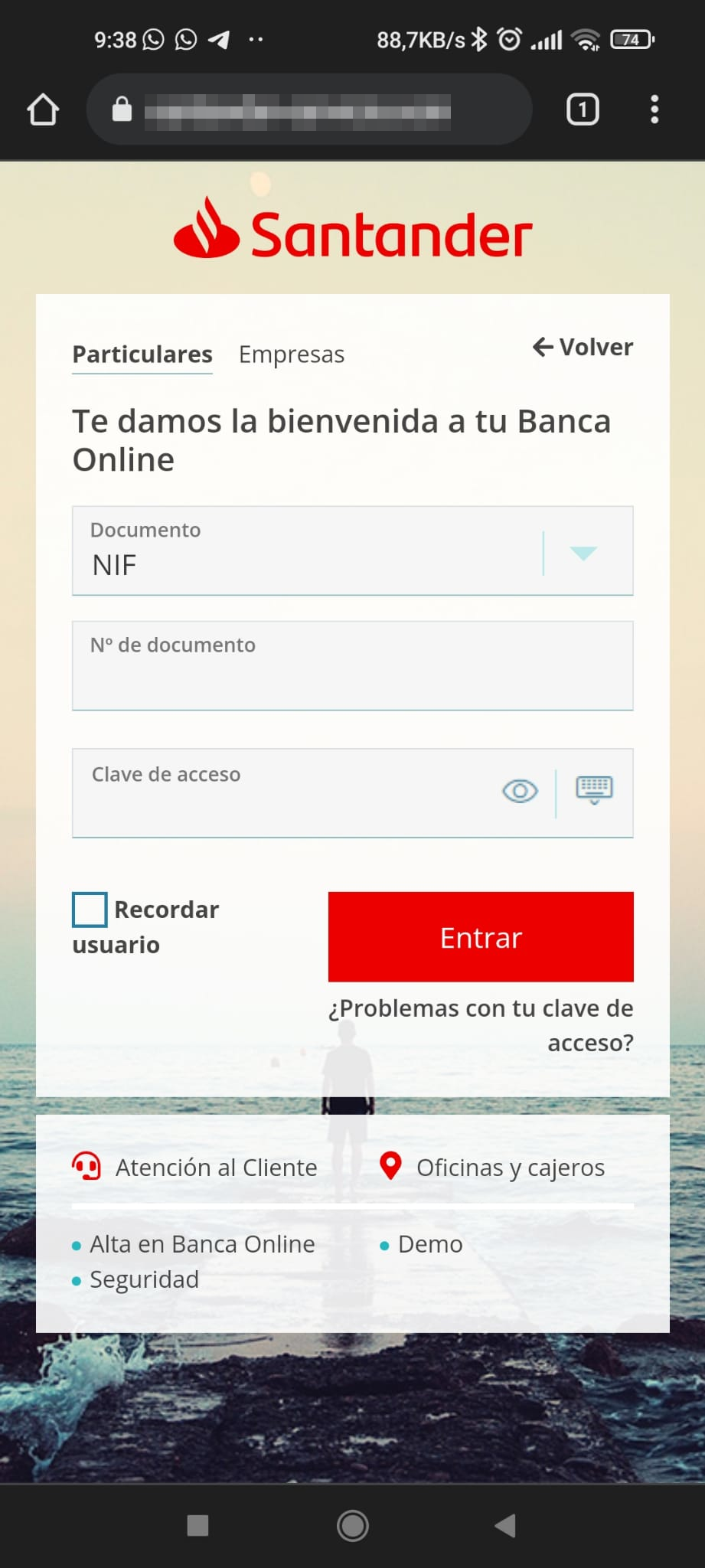 Página web fraudulenta del Santander