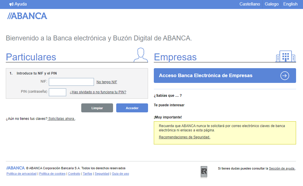 Página web fraudulenta que suplanta a Abanca