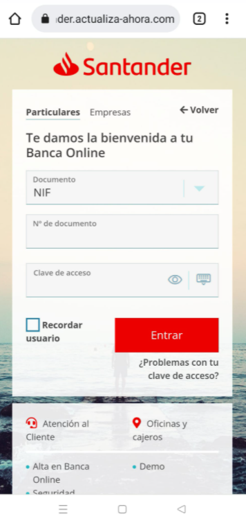 Página web fraudulenta que suplanta al Banco Santander