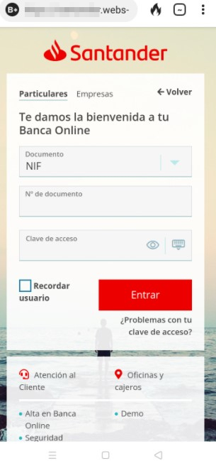Página fraudulenta Santander