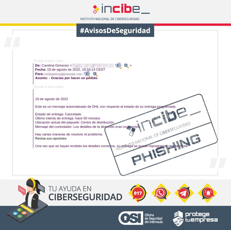 Correo fraudulento de DHL con sello y marco de PTE