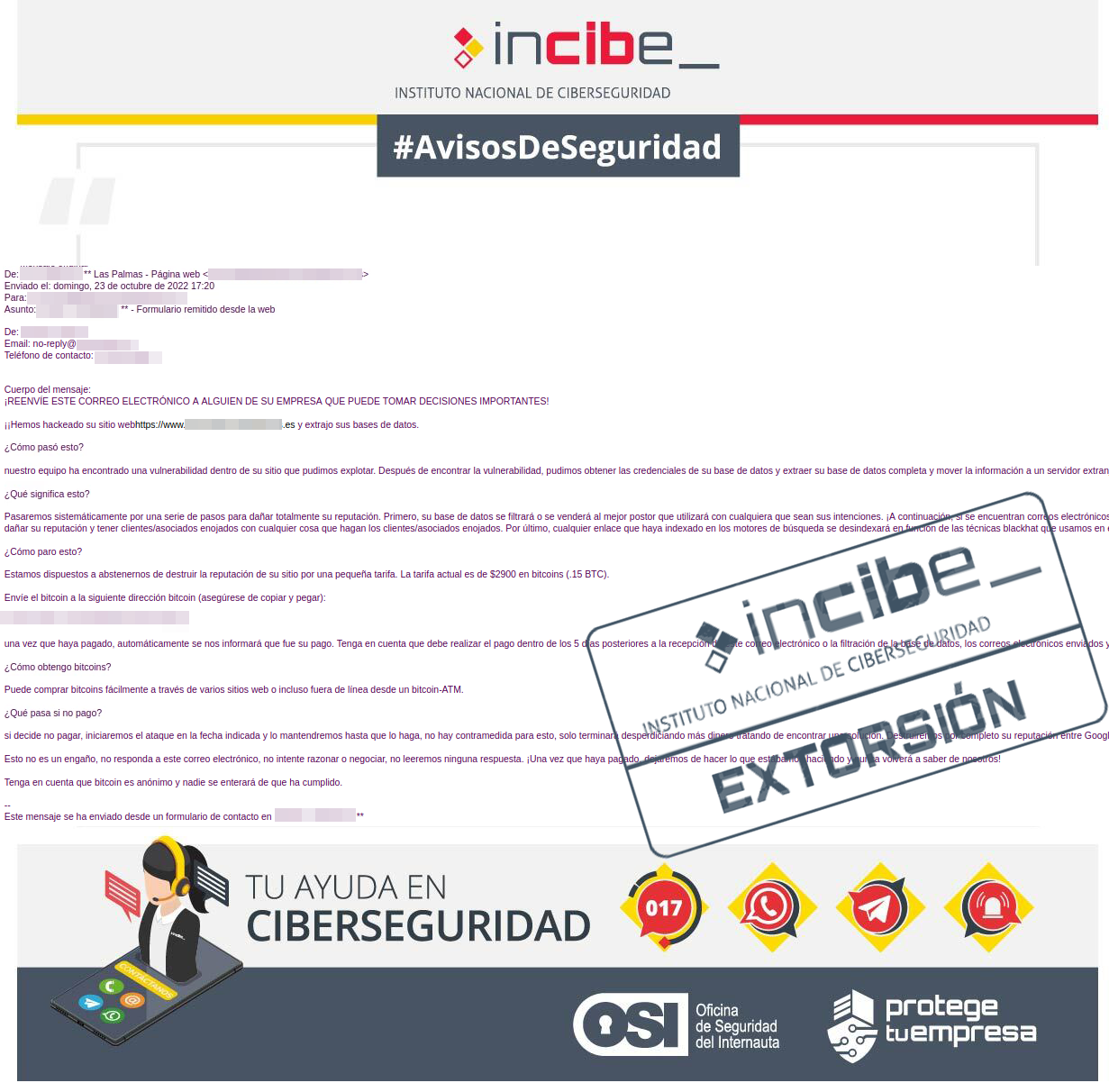 Email fraudulento de intento de extorsión