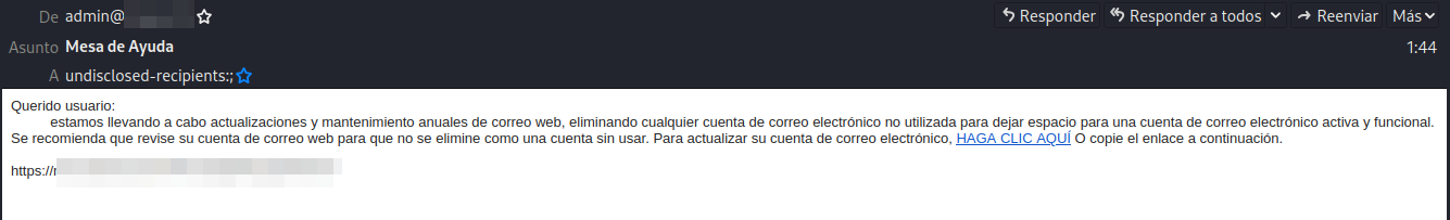 Correo de suplantación del servicio